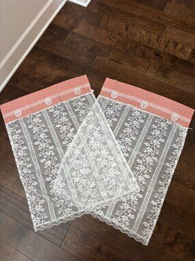 White lace & orange window drapes 2 pk 36 1/2" x 26 1/2" NEW